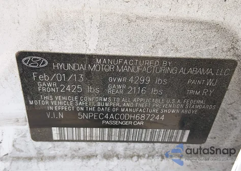 2013 Hyundai Sonata Se z USA, uszkodzony, nr VIN 5NPEC4AC0DH687244